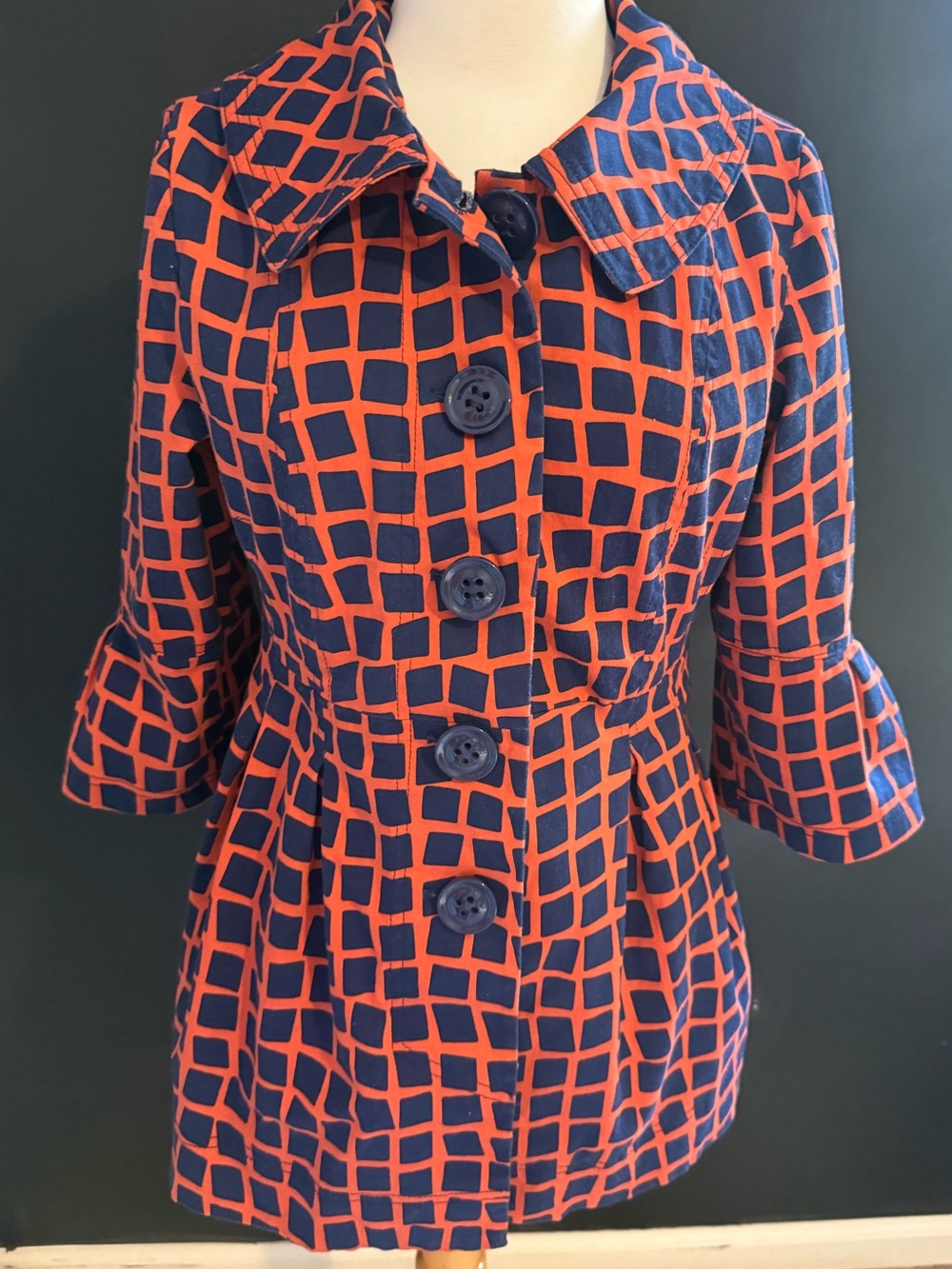 Navy & Coral Mod Print Women's Coat Eden Court  Size Small  Unique and Fun!
